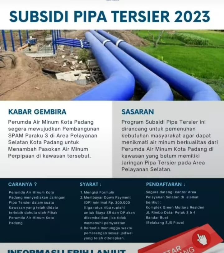 Kabar Gembira! Jangan Ketinggalan, Info Subsidi Pipa Tersier 2023 Perumda Air Minum Kota Padang