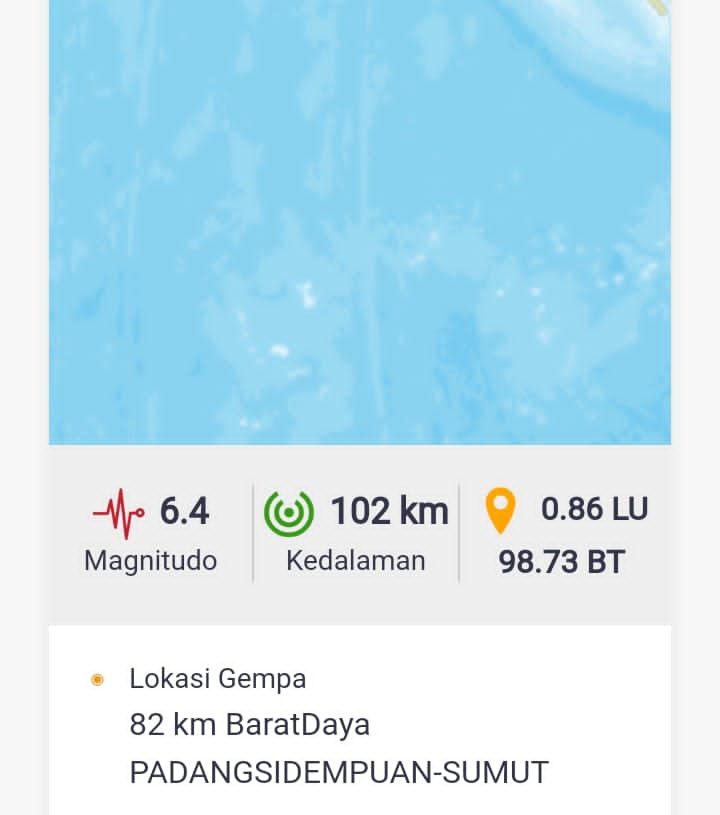 Guncangan Gempa 6,4 SR di Padang Sidempuan Terasa Kuat hingga ke Pesisir Selatan