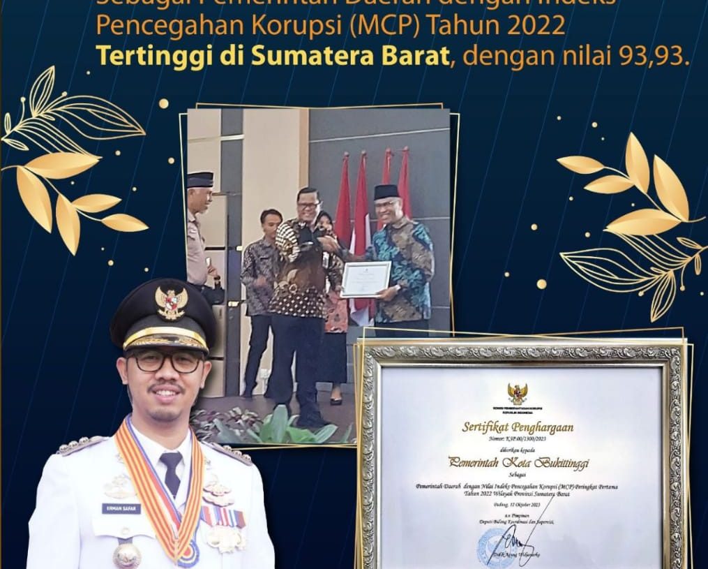 Peringkat Satu Indeks Pencegahan Korupsi MCP 2022, KPK Berikan Penghargaan pada Bukittinggi