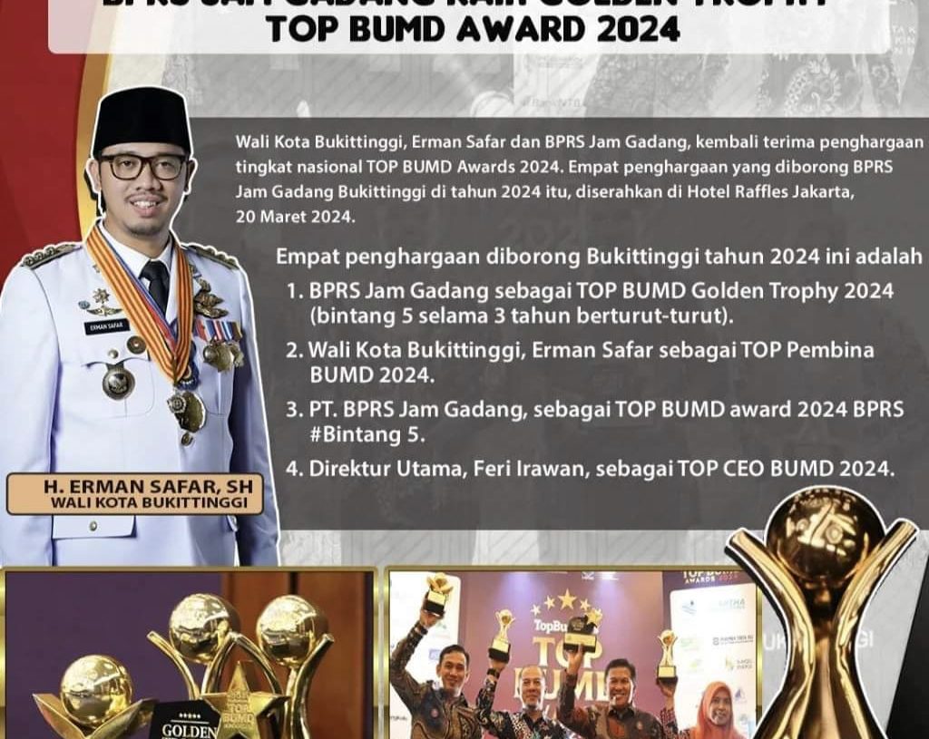 Wako Erman Safar Jadi Pembina BUMD Terbaik, BPRS Jam Gadang Raih Golden Trophy Top BUMD Award