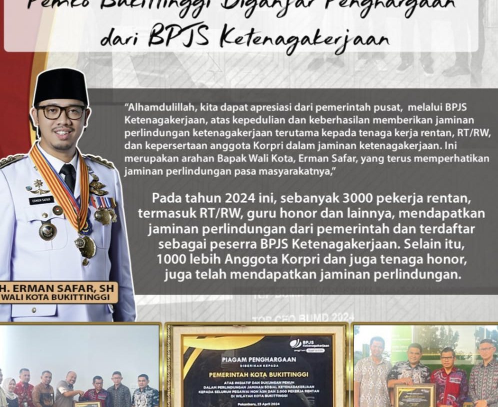 Pemko Bukittinggi Terima Penghargaan dari BPJS Ketenagakerjaan