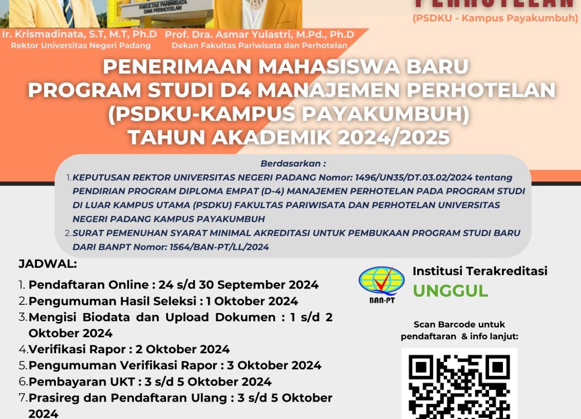 UNP Terima Mahasiswa Baru Prodi D4 Perhotelan PSDKU Kampus Payakumbuh Tahun Akademik 2024/2025