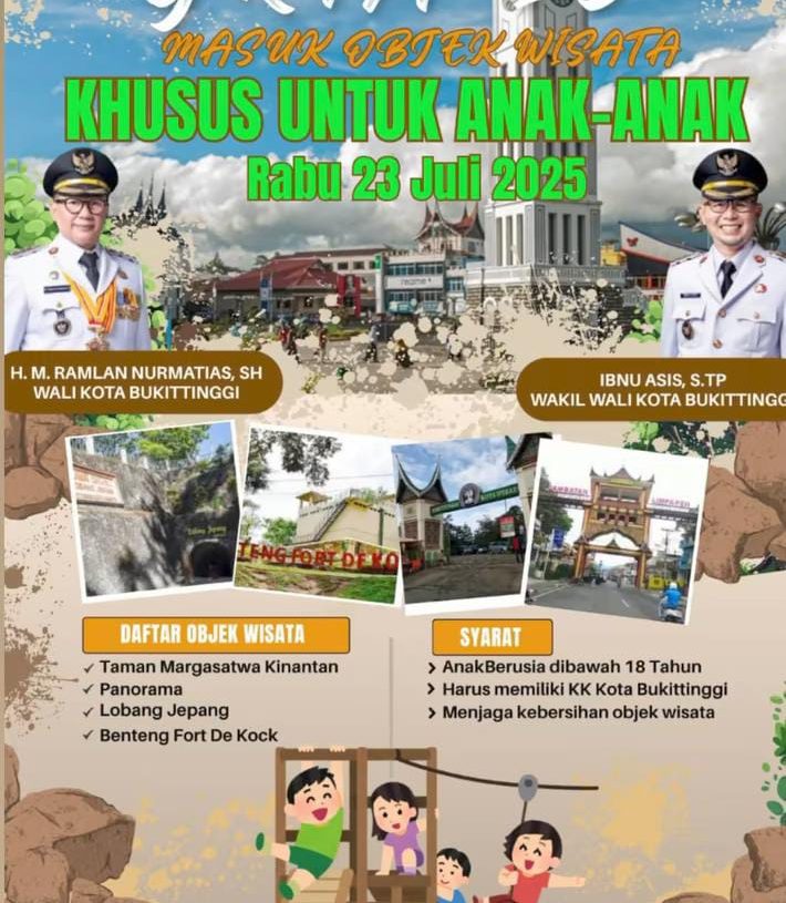 Peringatan HAN 2025, Pemko Bukittinggi Gratiskan Anak-Anak Masuk Objek Wisata