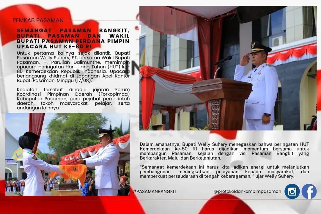 Semangat Pasaman Bangkit, Bupati Dan Wabup Perdana Pimpin Upacara HUT ke-80 RI
