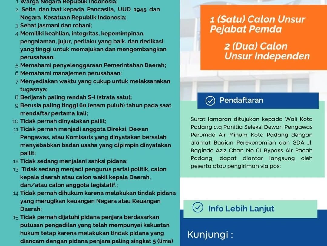 Pemko Padang Buka Seleksi Tiga Calon Dewan Pengawas Perumda Air Minum